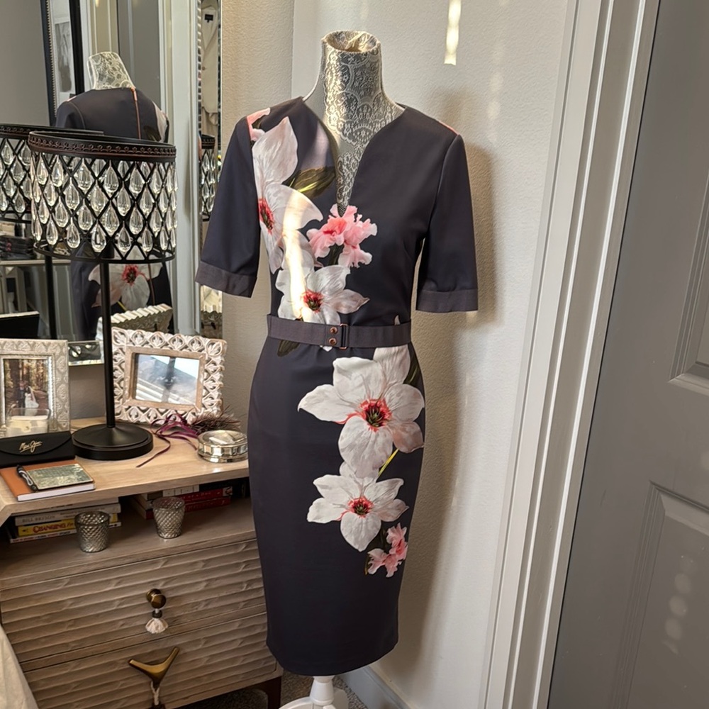 Ted Baker London Chatsworth Floral Midi Dress - Black, Cream and Coral
